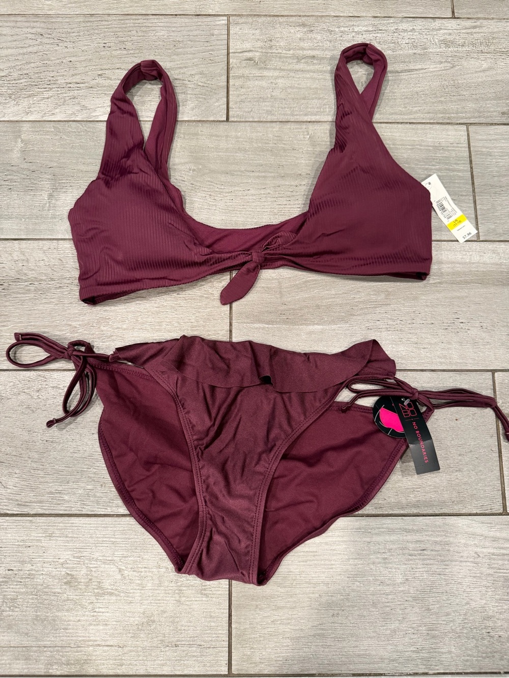 No Boundaries Ribbed Tie-Front Bikini Set in Wine
